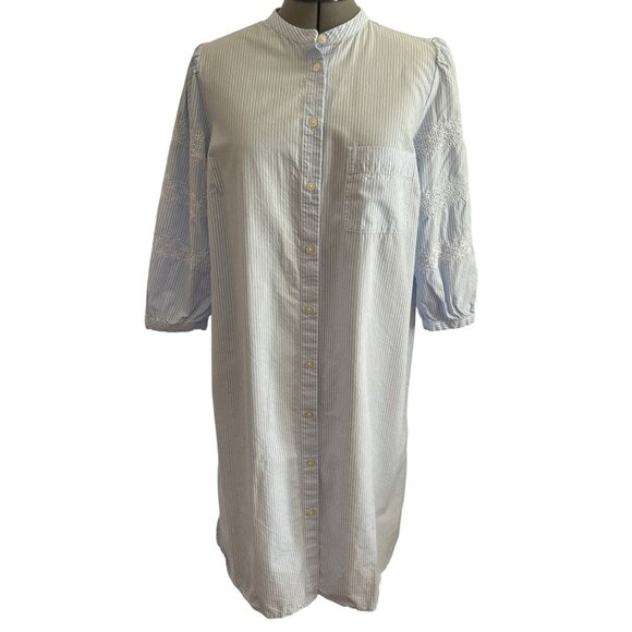 Loft Blue & White Striped Shirt Dress L 3/4 Sleeve Embroidered  Button Front - Picture 1 of 8